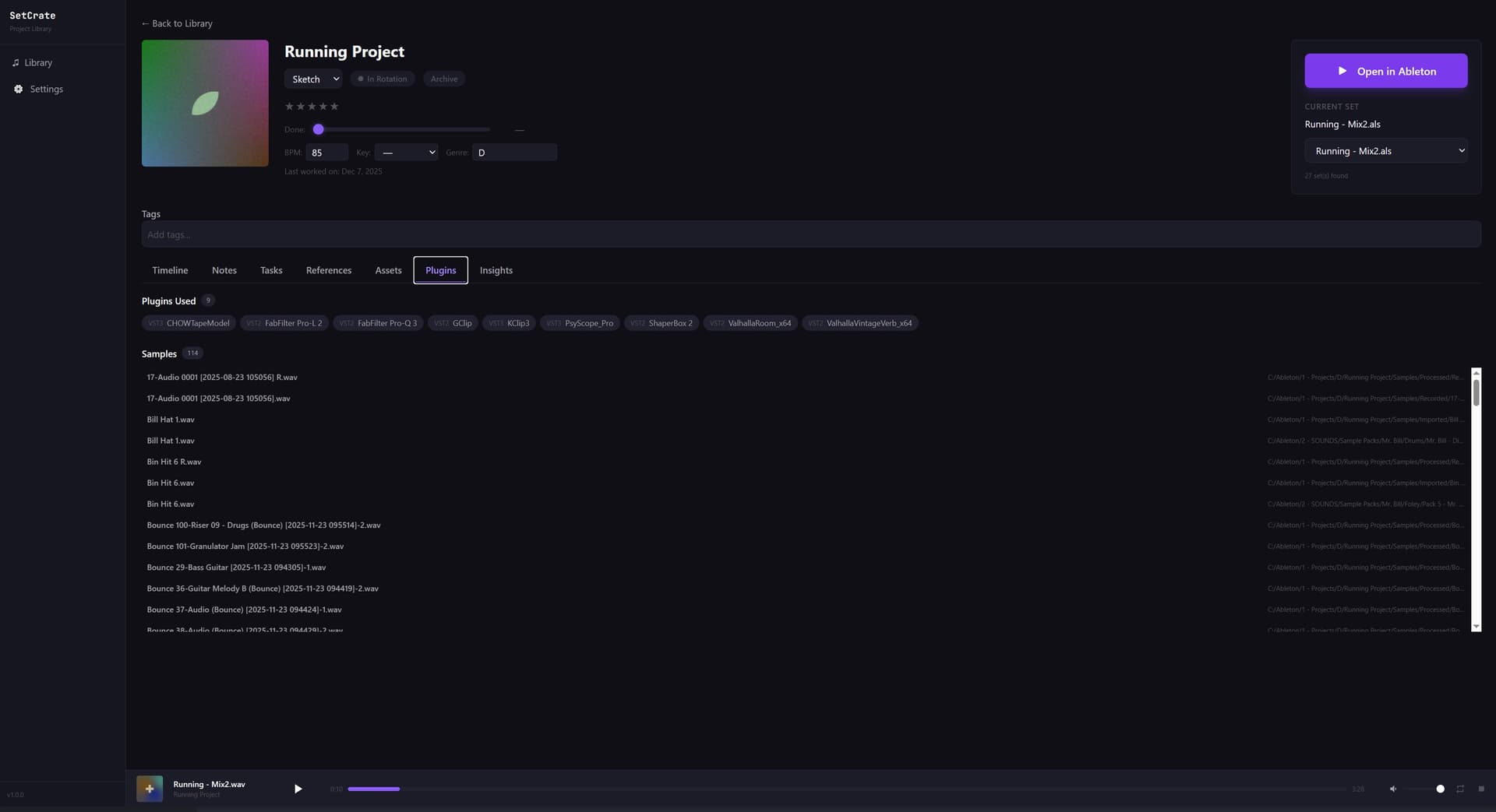 ALS metadata extraction showing BPM, key, plugins, and missing samples